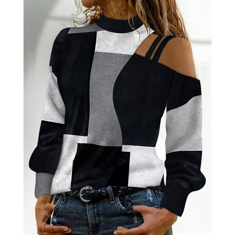 Autumn And Winter Simplicity Off-the-shoulder Colored Geometric Blocks Pattern Long Sleeve Top For Women