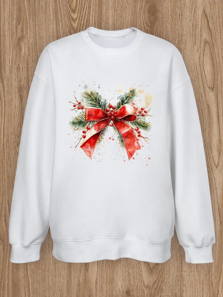 Women Basic Casual Pullover Spring Autumn Long Sleeve Christmas Ribbon Printed Round Neck