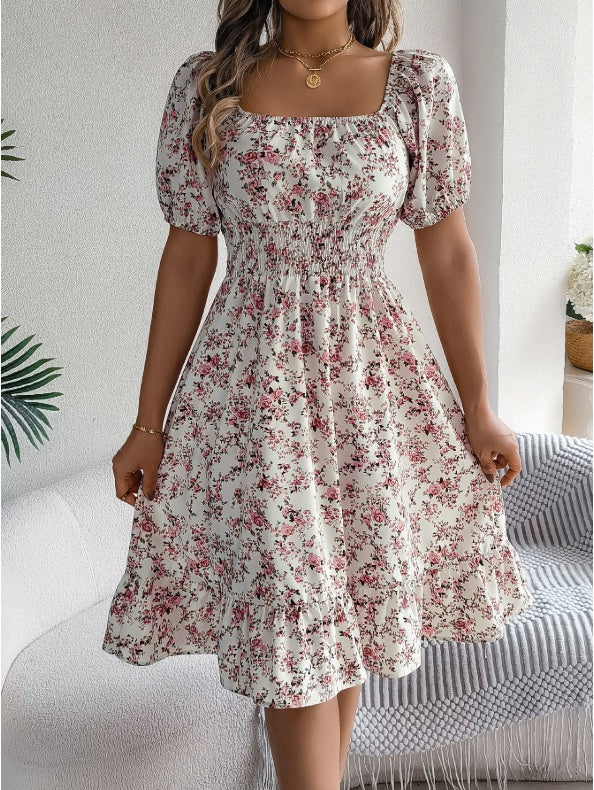 Spring Summer Casual Vacation Puff Sleeve Drawstring Short Sleeve Floral Dress